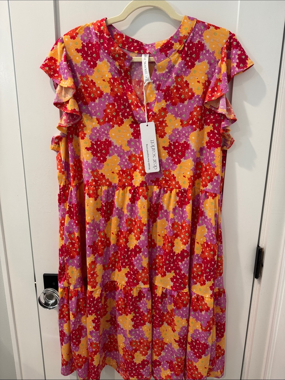 Dear Scarlett Women's Red peach Purple Floral Ruffle-Sleeve Casual Dress